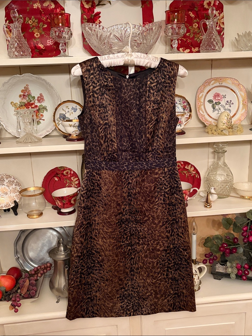 Elie Tahari Brown and Black Patterned Sleeveless Midi Dress
